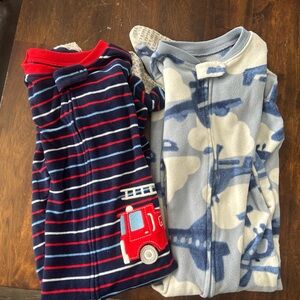 Blue and Red Baby Pajamas with Airplane and Fire Truck Designs
